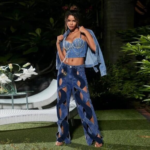 Hollow Out Cable Twist Cutout Flare Jeans Pants - Picture 3 of 6